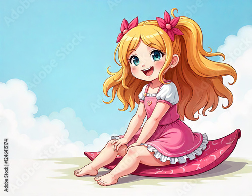 Little cartoon long haired girl sitting and smiling