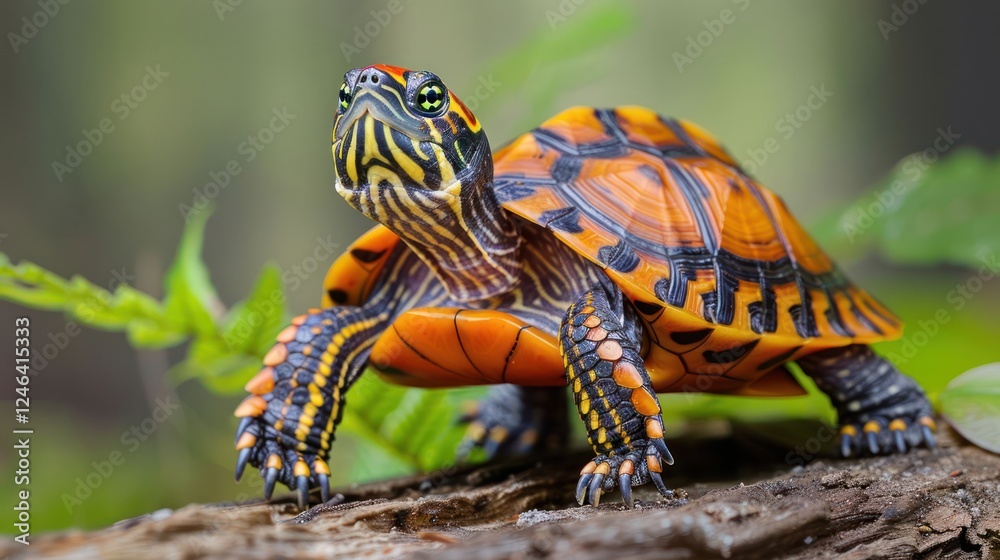 Obraz premium Colorful turtle resting on a log amidst lush greenery in a serene natural environment