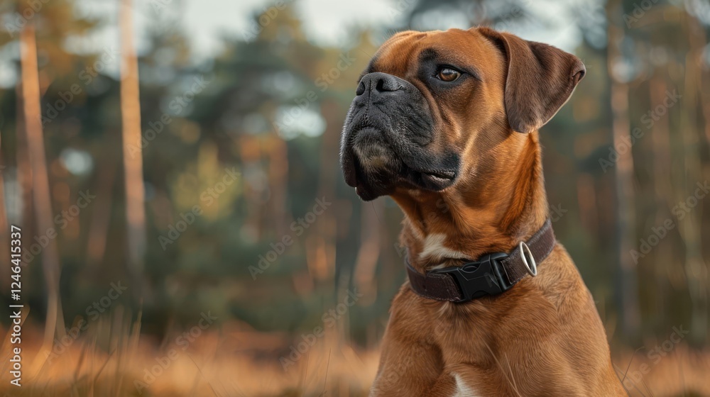 A majestic boxer dog poses attentively in a serene forest setting during golden hour A majestic boxer dog poses attentively in a serene forest setting during golden hour
