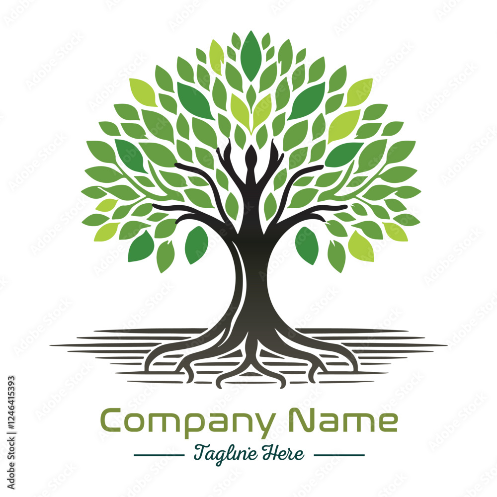 Obraz premium Beautiful green tree silhouette and vector design, minimalist business logo for tree icon on white background.