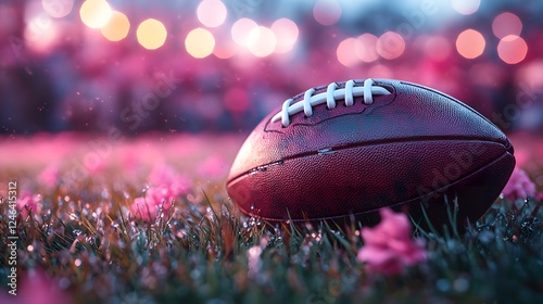 American Football on Grass with Pink Flowers and Blurred Stadium Lights at Dusk