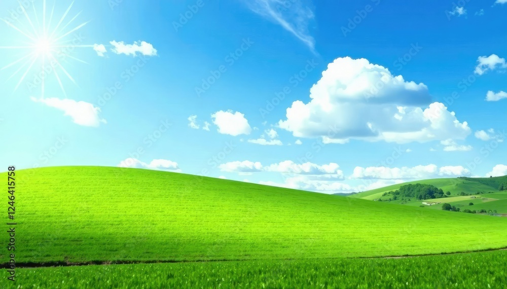 Softly scattered white clouds float above a serene green meadow, sunny, field Softly scattered white clouds float above a serene green meadow, sunny, field