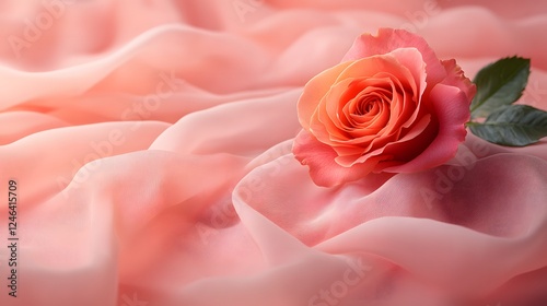 Elegant Peach Rose on Soft Pink Fabric Romantic Floral Background Wedding Valentine s Day