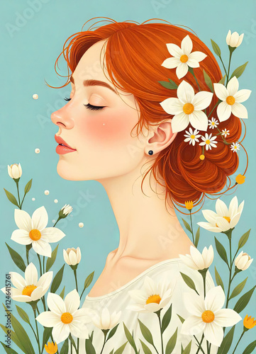 Portrait of a red-haired woman surrounded by white flowers