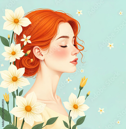 Portrait of a red-haired woman surrounded by white flowers