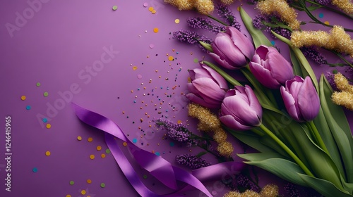 Festive Purple Tulips Bouquet with Ribbon and Confetti on Violet Background