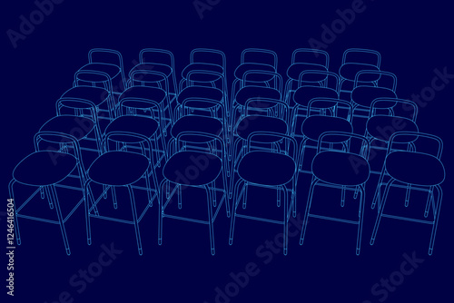 A blue image of chairs in rows. The chairs are all the same color and are arranged in a grid pattern. The chairs are all facing the same direction, and there are no visible gaps between them