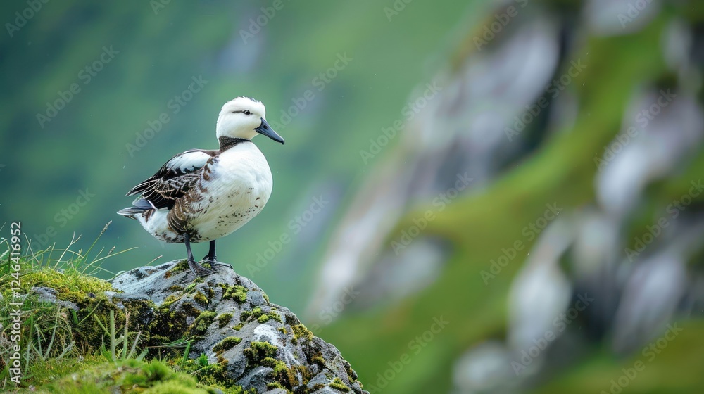 A serene duck perched on a rocky ledge amidst lush green hills and blurred background scenery A serene duck perched on a rocky ledge amidst lush green hills and blurred background scenery