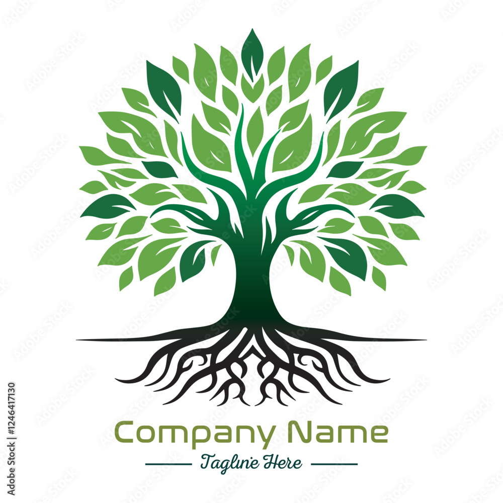 Obraz premium Beautiful green tree silhouette and vector design, minimalist business logo for tree icon on white background.