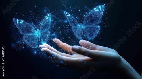 Woman's hand gently cradling two ethereal, glowing butterflies formed from digital particles and lines.
