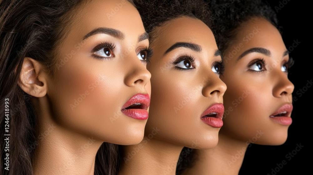 Three Diverse Women Looking Upwards Against a Dark Background with Intense Expressions and Natural Makeup Three Diverse Women Looking Upwards Against a Dark Background with Intense Expressions and Natural Makeup