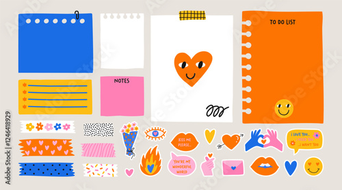 Vector cute illustration of a set of notes,  romantic stickers, paper blanks with place for text. Hand drawn collection for reminders, to do list, planner, schedule.