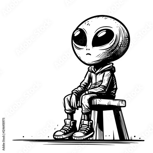 alien in hoodie sitting on stool in vintage sketch style