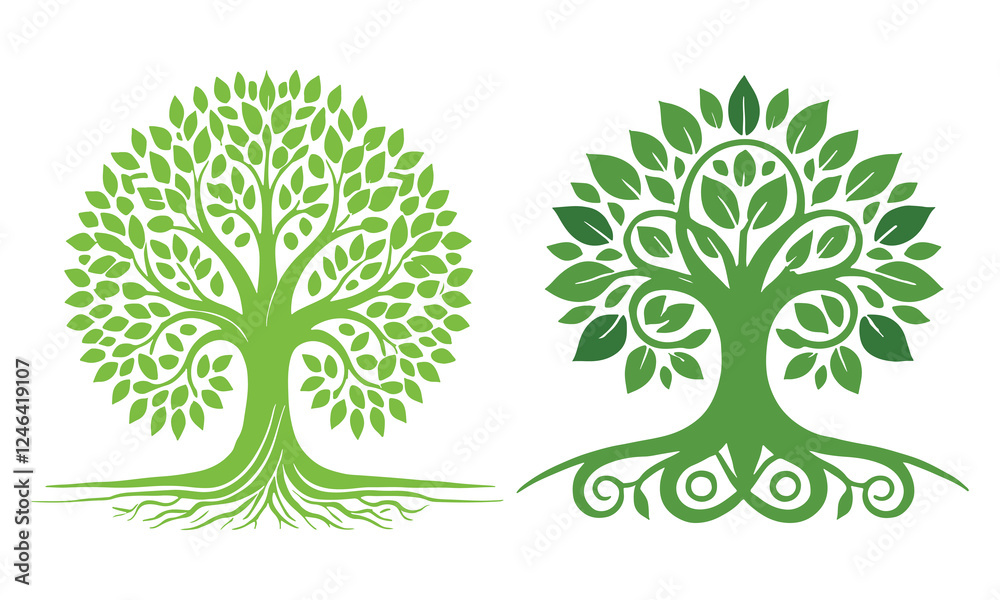 Obraz premium Beautiful green tree silhouette and vector design, minimalist business logo for tree icon on white background.