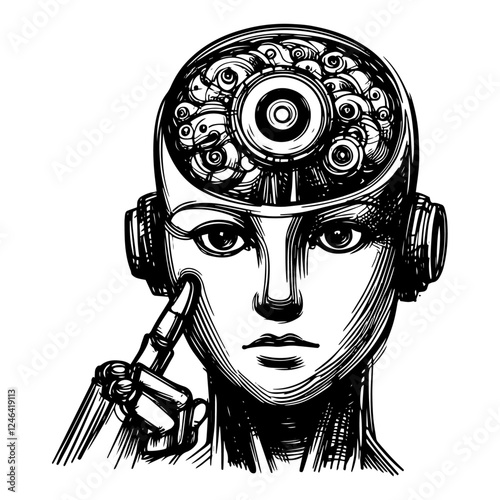 cyborg with exposed mechanical brain in vintage sketch style
