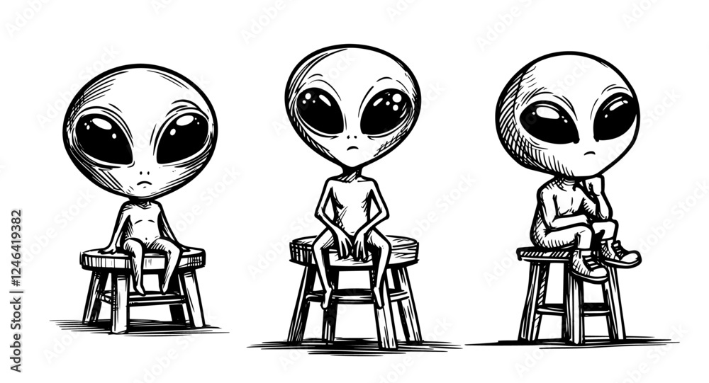 Fototapeta premium alien characters sitting on stools in vintage sketch style