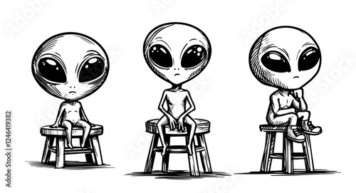 alien characters sitting on stools in vintage sketch style