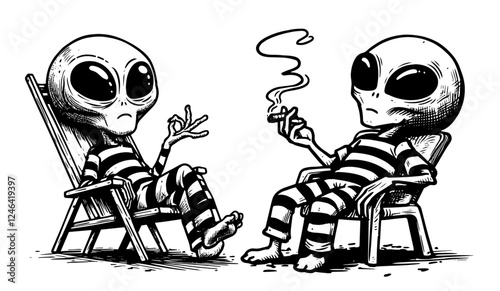 relaxed alien characters smoking and lounging in sketch style