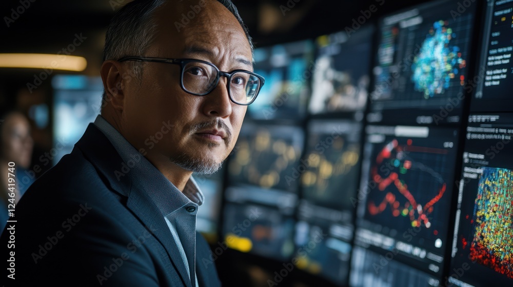 Serious businessman looking at data on multiple monitors. Serious businessman looking at data on multiple monitors.