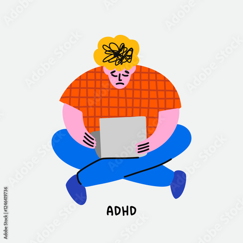 Illustration of a person with burnout at work, psychological problems, depression, fatigue. Hand drawn illustration in a minimalistic, naive style isolated on white background