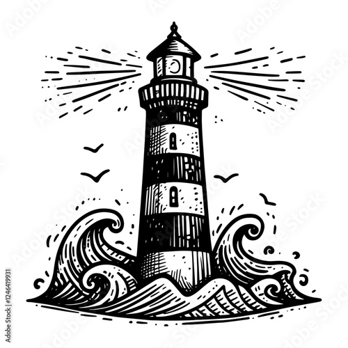 lighthouse with waves sketch black vector decorative silhouette