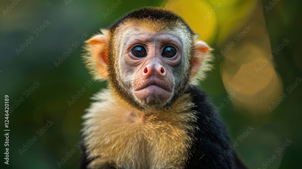 Obraz premium Close-up of a curious young monkey with expressive eyes in a lush green environment