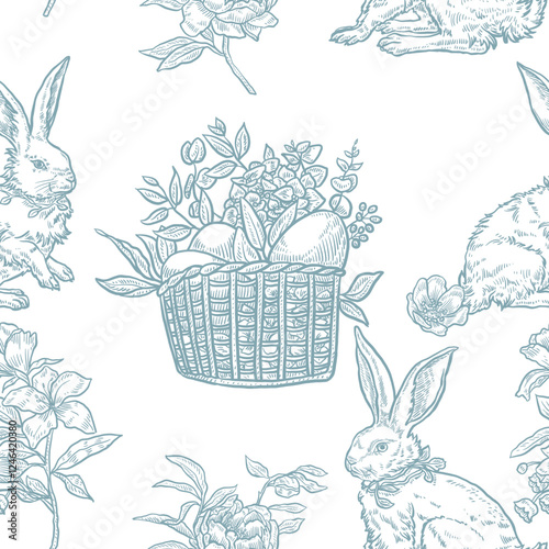 Easter seamless pattern with cute bunny rabbits, vintage style drawing, vector file