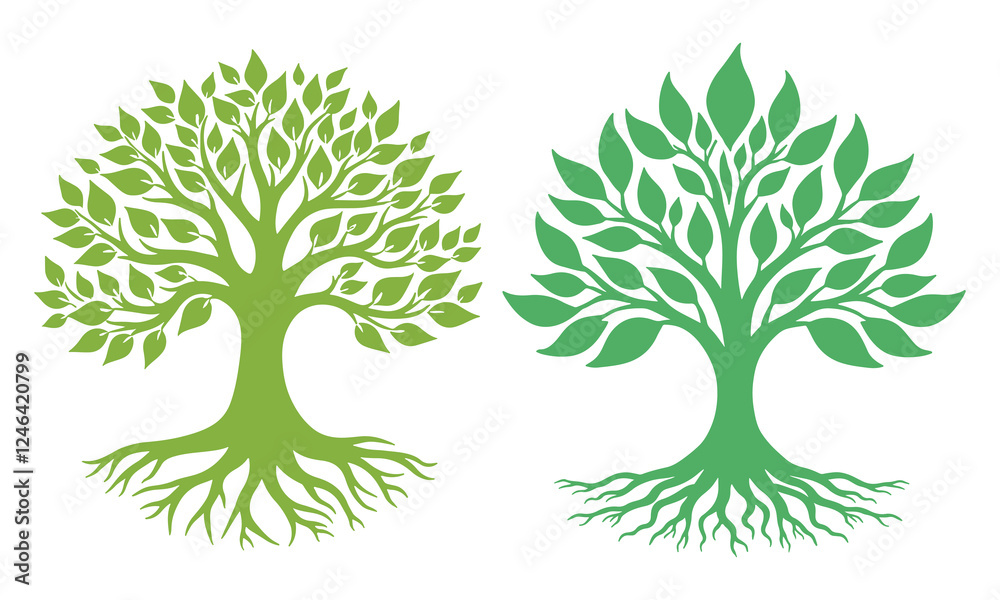 Obraz premium Beautiful green tree silhouette and vector design, minimalist business logo for tree icon on white background.
