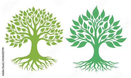 Beautiful green tree silhouette and vector design, minimalist business logo for tree icon on white background.