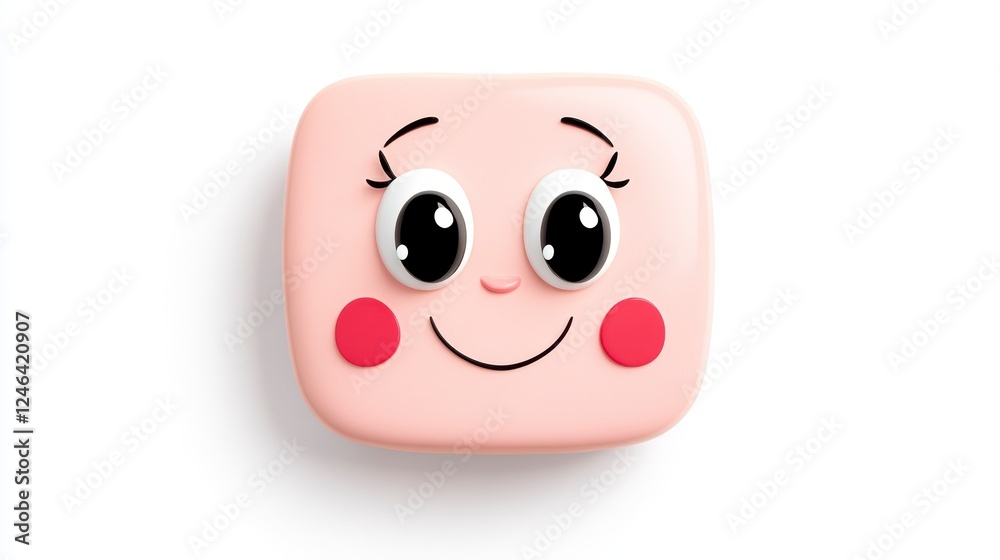 Fototapeta premium Cute cartoon face on a square block with big eyes and rosy cheeks