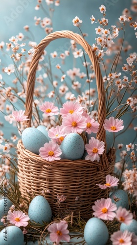Minimalist Easter Basket with Blue Eggs and Pink Flowers in Soft Focus Background