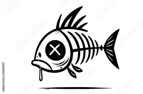 fish skeleton cartoon sketch vector black and white style