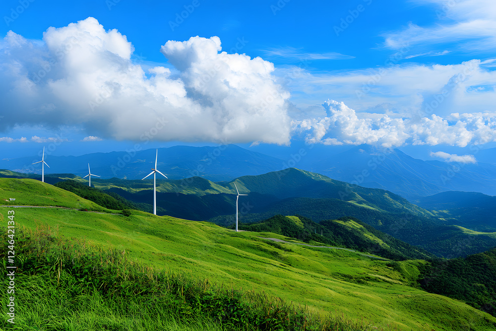 Wind turbines on the grassy hills against a blue sky with white clouds, the landscape of a green mountain range in the background Wind turbines on the grassy hills against a blue sky with white clouds, the landscape of a green mountain range in the background