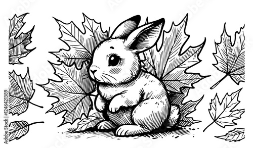 cute rabbit with leaves sketch vector black and white engraving style