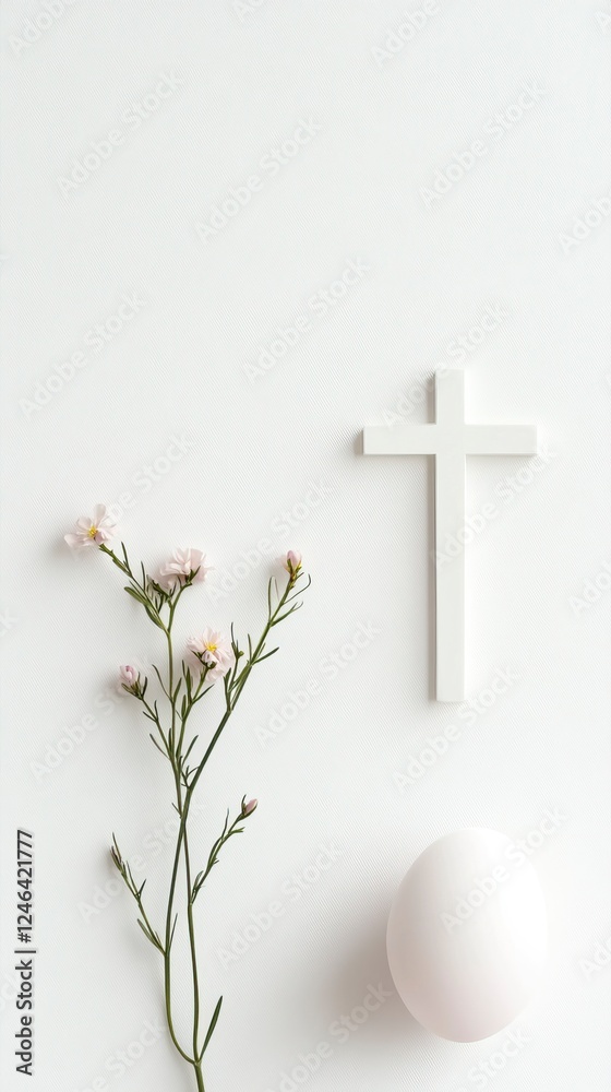 Minimalist Easter Decoration with Cross, Egg, and Delicate Flowers on White Background Minimalist Easter Decoration with Cross, Egg, and Delicate Flowers on White Background