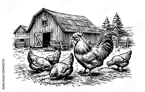 farmyard with rooster sketch vector black and white engraving style