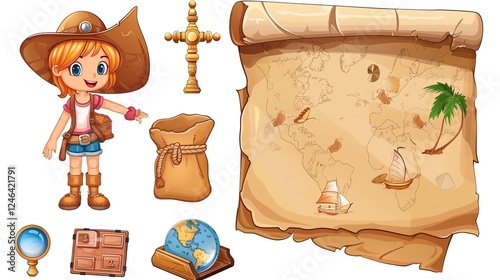 A cartoon illustration of a girl explorer with a treasure map and other explorer items.
