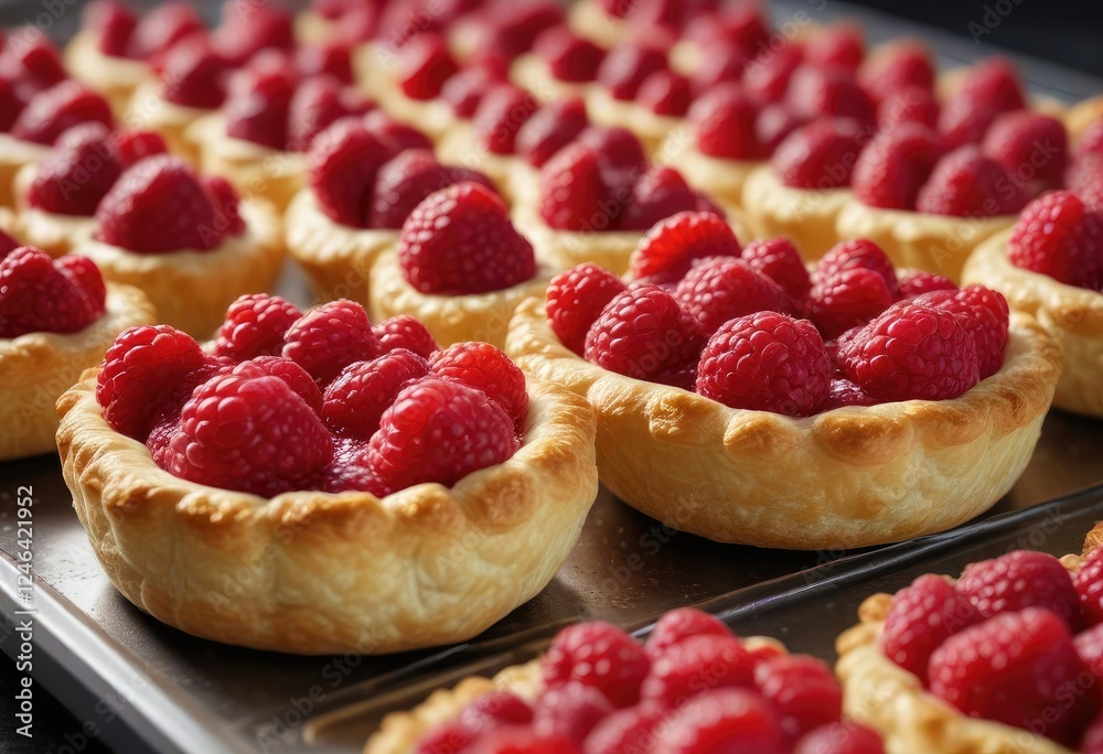 Raspberries and cream-filled pastry cases on a tray , , layered pastries Raspberries and cream-filled pastry cases on a tray , , layered pastries