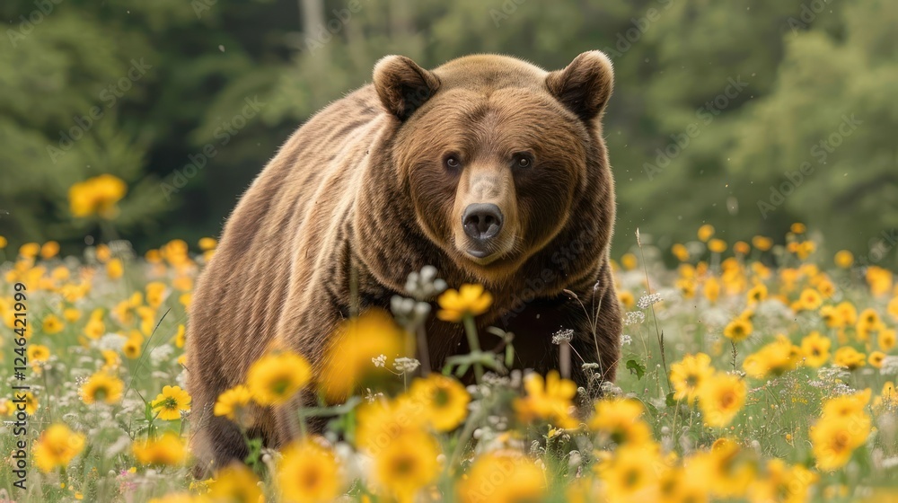 Grizzly bear walking through a field of vibrant sunflowers in a serene natural environment Grizzly bear walking through a field of vibrant sunflowers in a serene natural environment