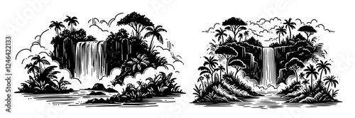 tropical waterfall sketch vector black and white engraving style