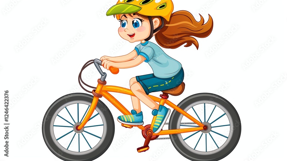 Fototapeta premium A happy cartoon girl rides her bicycle wearing a helmet.