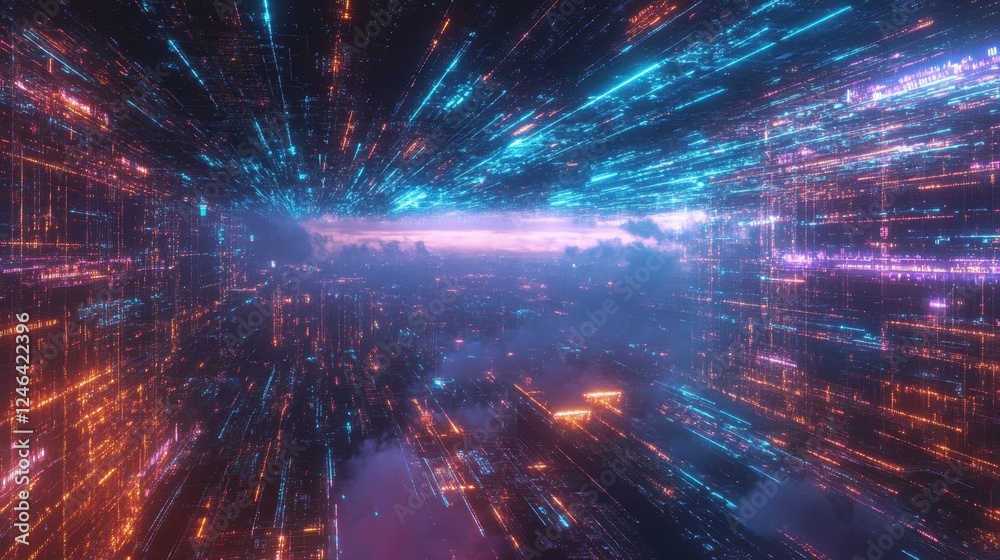 Fototapeta premium A D-rendered cloud computing infrastructure with global data connections glowing in neon blue.