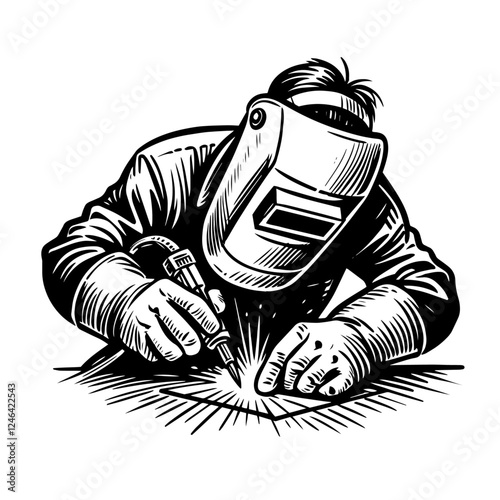 welder at work illustration black vector engraving style