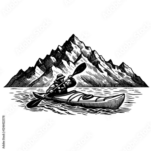 kayaker on lake with mountains black vector engraving illustration