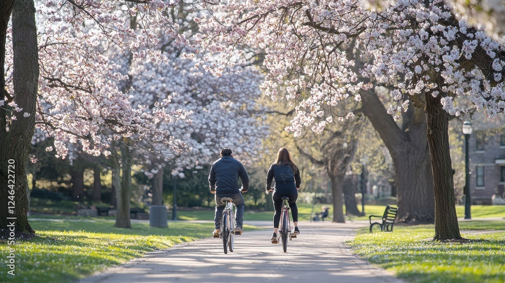 Couples Enjoying Springtime Bicycle Ride Under Cherry Blossom Trees Couples Enjoying Springtime Bicycle Ride Under Cherry Blossom Trees