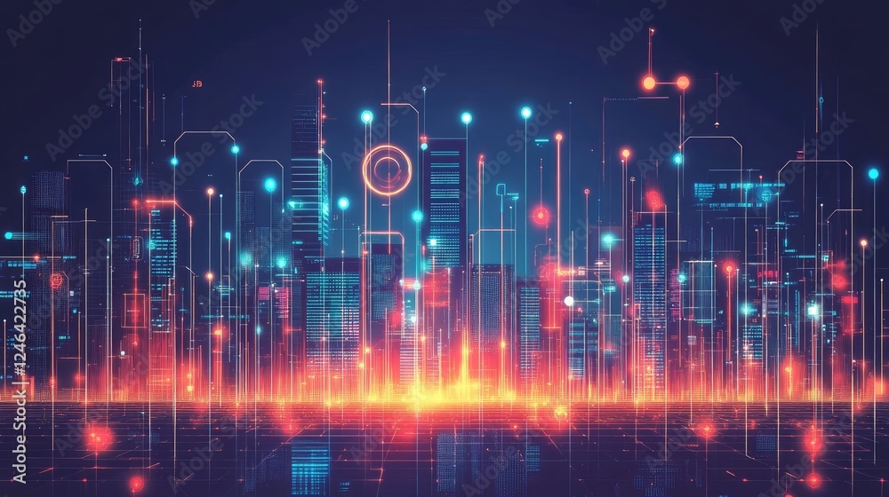 Fototapeta premium AI-generated futuristic cityscape with abstract glowing tech elements.