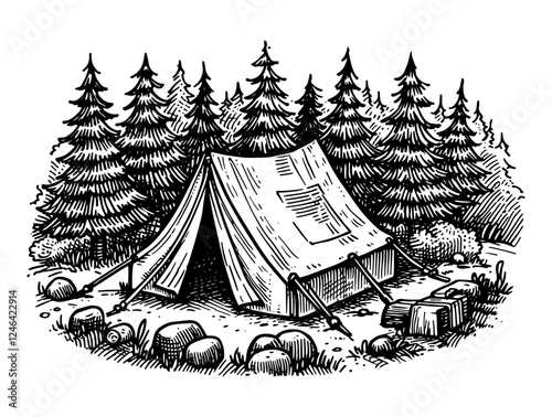 camping tent in forest black vector engraving illustration