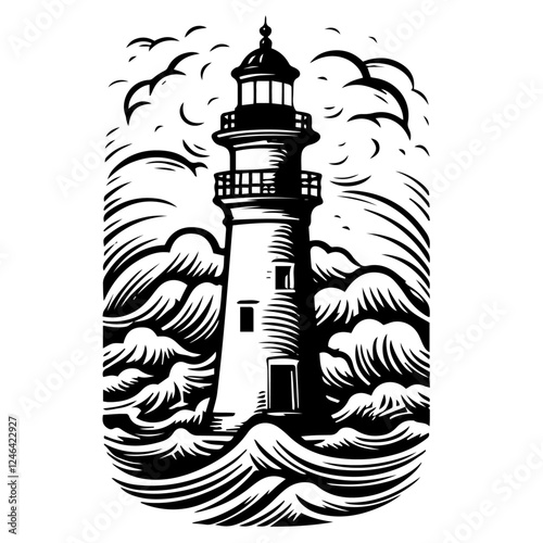 lighthouse in stormy sea black vector engraving illustration