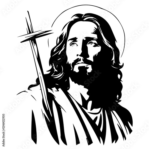 Jesus Christ with cross black vector religious illustration