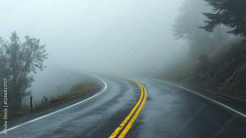 Naklejka premium Bright Yellow Lane Markings on a Winding Road Covered in Thick Fog